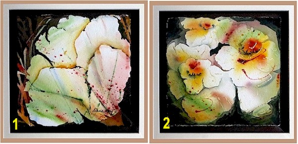(Diptyque) ,1- Le temps des fleurs, 2- La fleur du temps, Aquarelles mixtes, 8 X 8, 225$ ch.